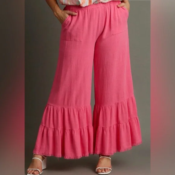 Umgee NWT Pink Wide Leg Ruffled Pants Raw Hem Linen Blend Sz S - Picture 1 of 4